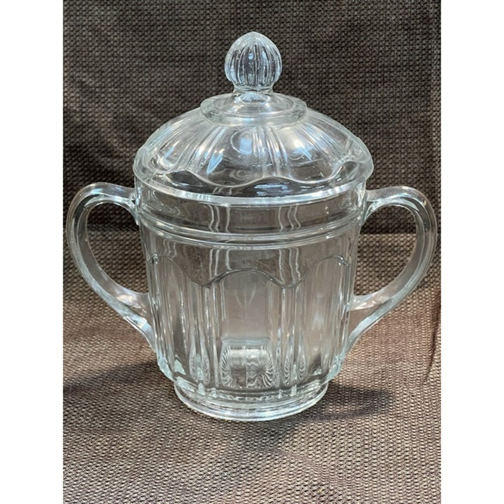 Hazel Atlas Clear Glass‎ 2 Handle Sugar Bowl w/Lid ~ Vintage 1930s (1656)